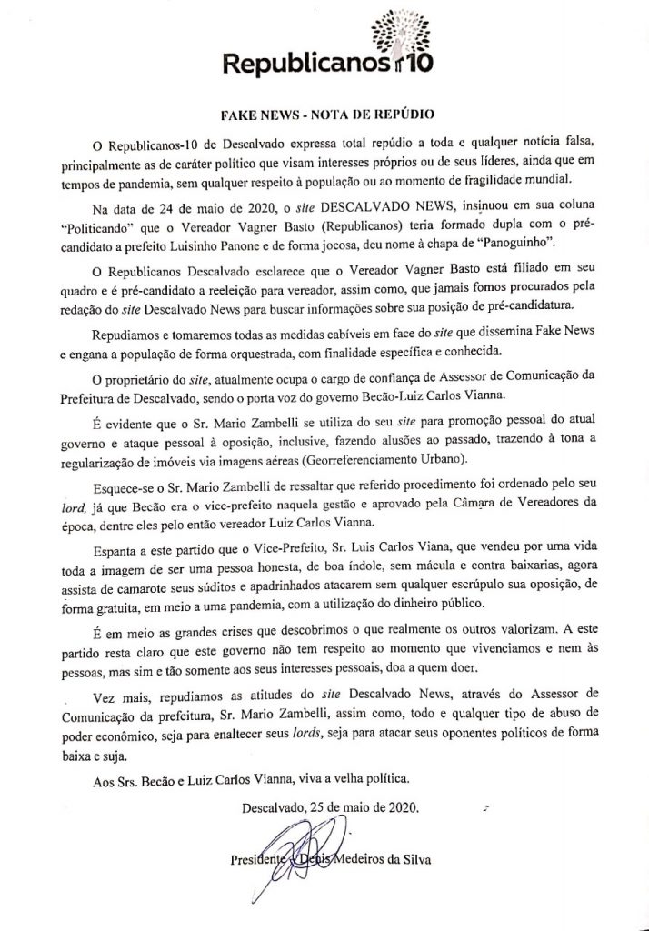 REPUBLICANOS ACUSA SITE DESCALVADO NEWS DE DIVULGAR NOVA FAKE NEWS