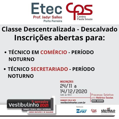 ETEC abre cursos de Técnico em Comércio e Técnico em Secretariado em Descalvado