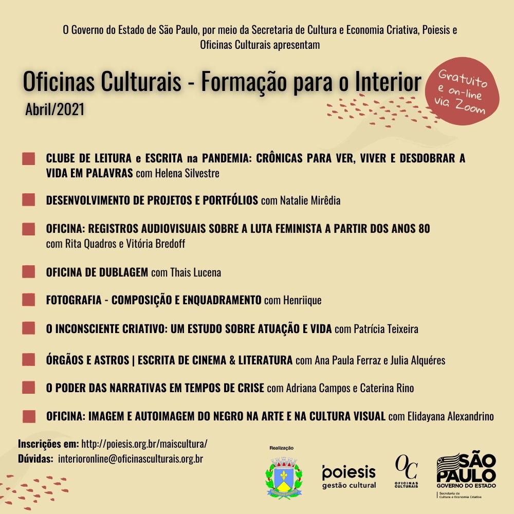 Oficinas Culturais On-line estão com inscrições abertas para as atividades de abril