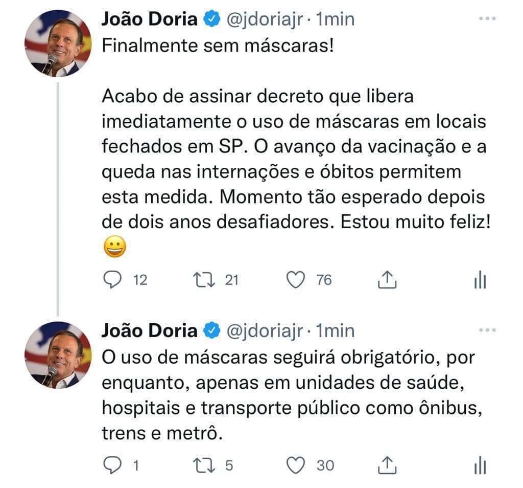 Governo de São Paulo retira obrigatoriedade do uso de máscara em locais fechados