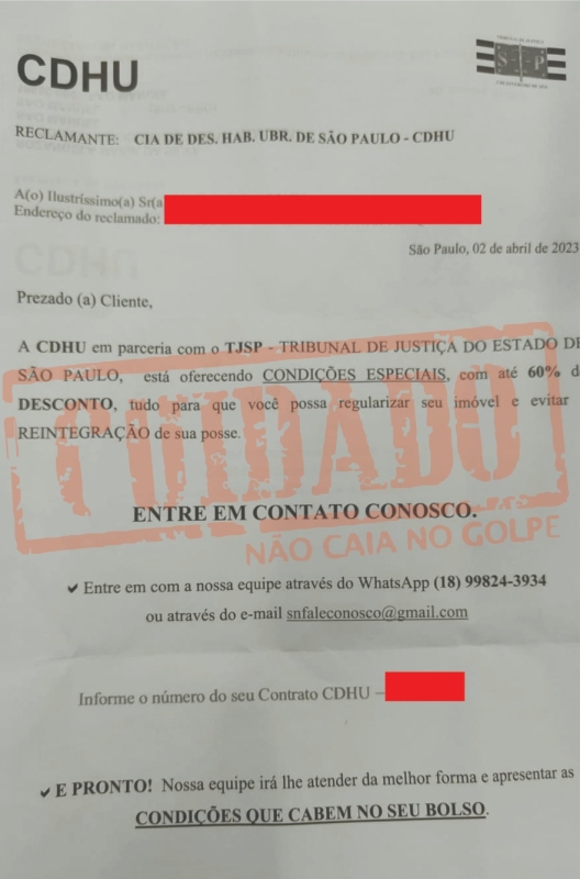 URGENTE: Mutuários da CDHU são alvos de golpe por carta