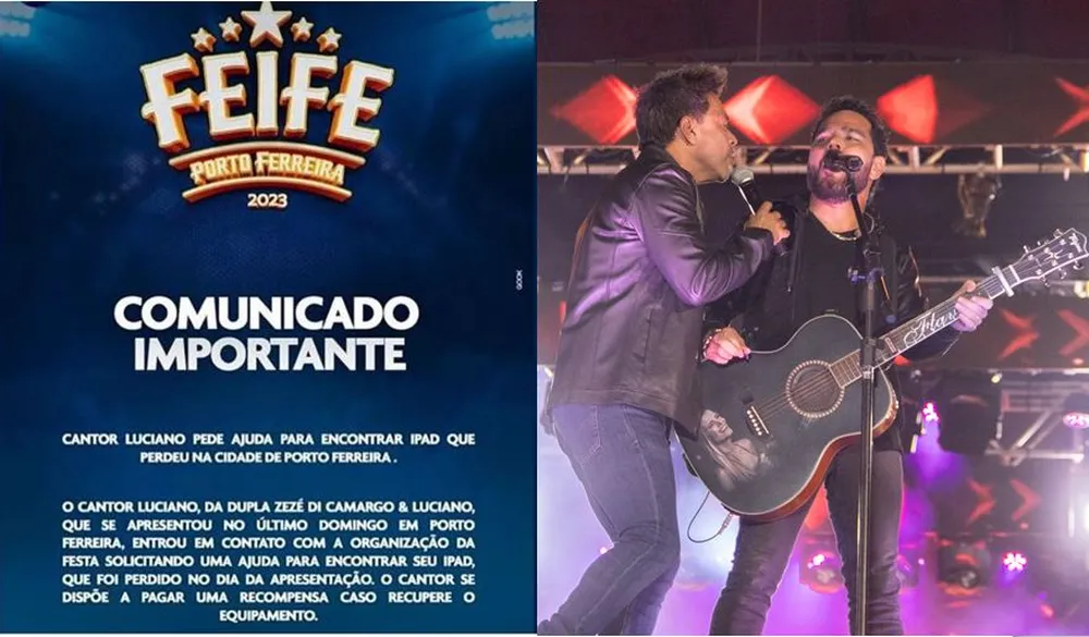 Cantor Luciano Camargo, da dupla com Zezé, perde iPad em show e oferece recompensa por aparelho