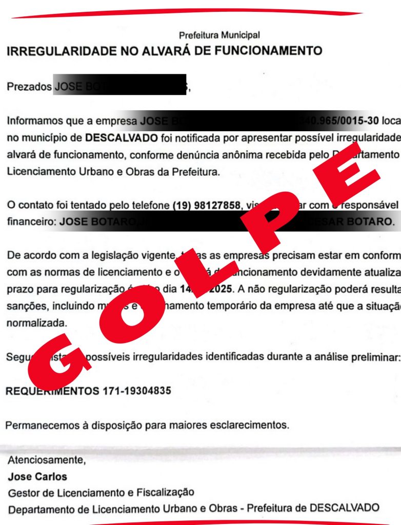 Atenção ao novo Golpe em Descalvado: Empresários estão recebendo e-mail ‘Falso’ sobre Irregularidade no Alvará de Funcionamento