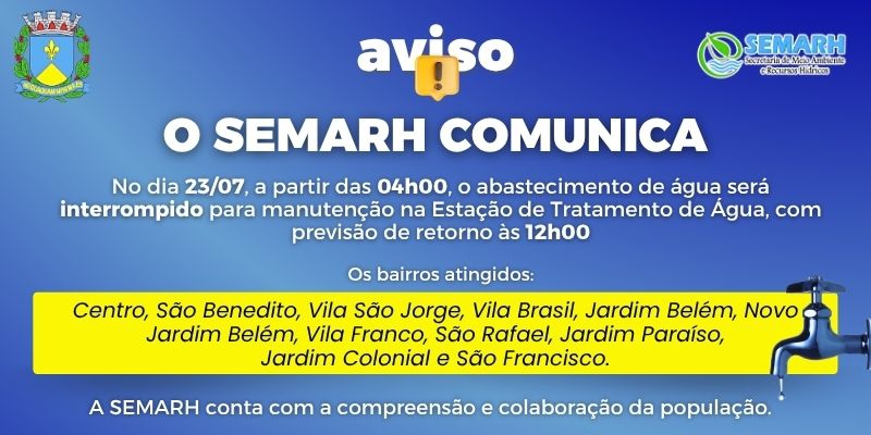 Interrupção no Abastecimento de Água em Descalvado no dia 23 de Julho