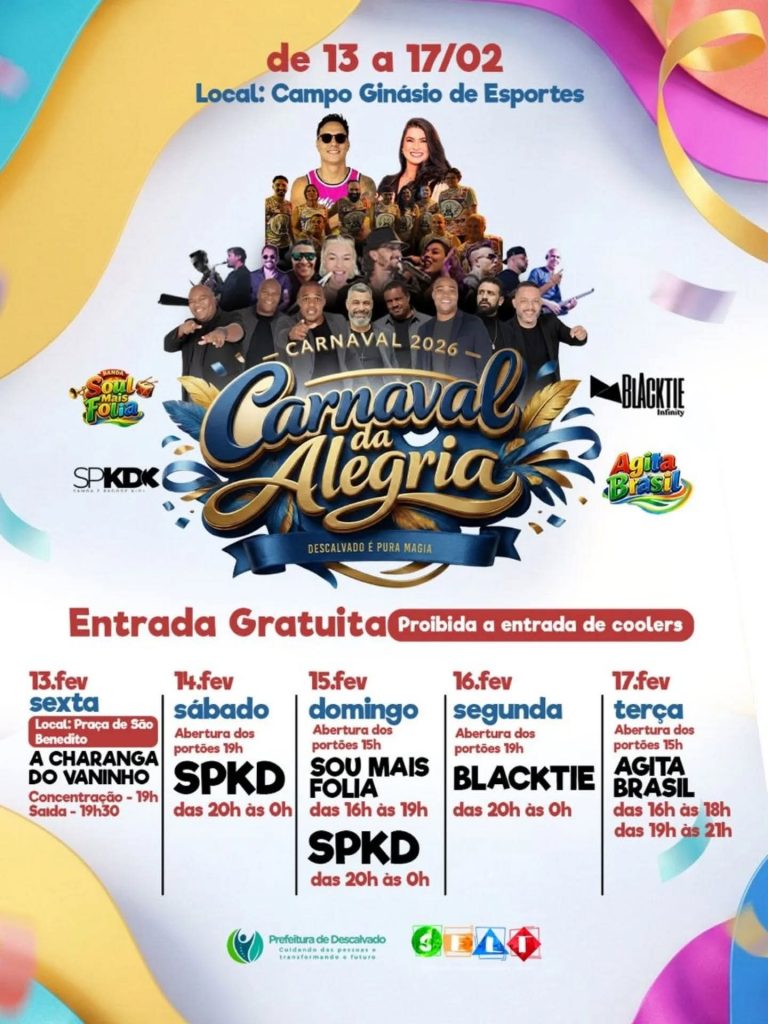 Carnaval da Alegria 2026 promete agitar Descalvado com cinco dias de festa e entrada gratuita