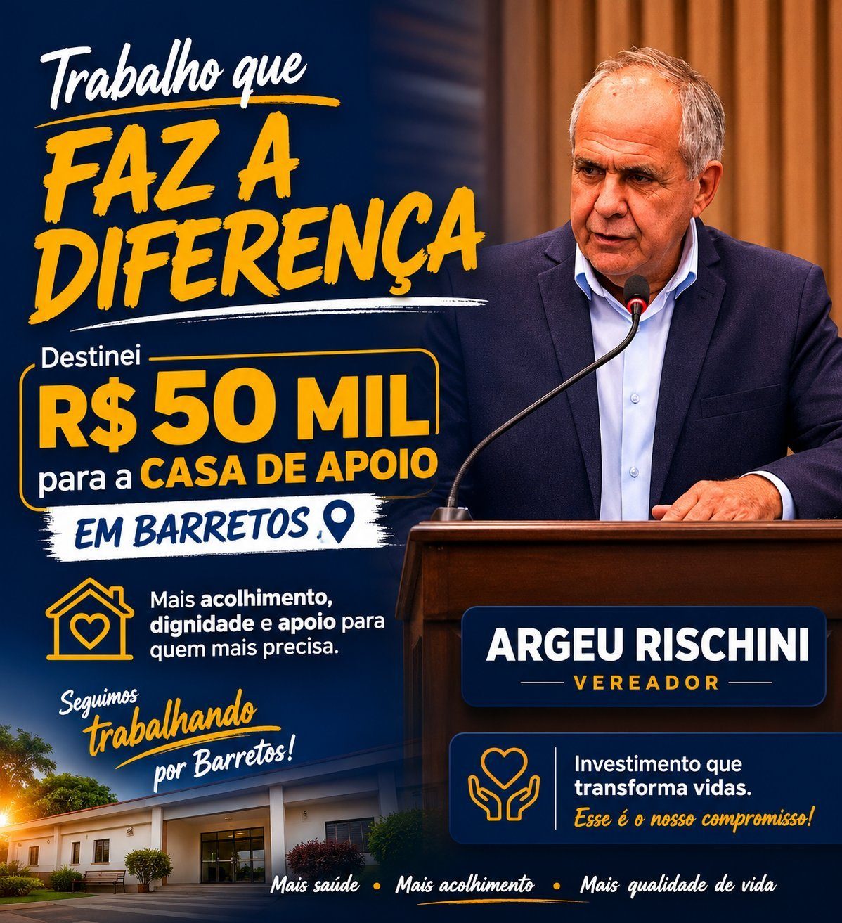 Vereador Argeu Rischini destina R$ 50 mil para apoiar pacientes em tratamento contra o câncer em Barretos