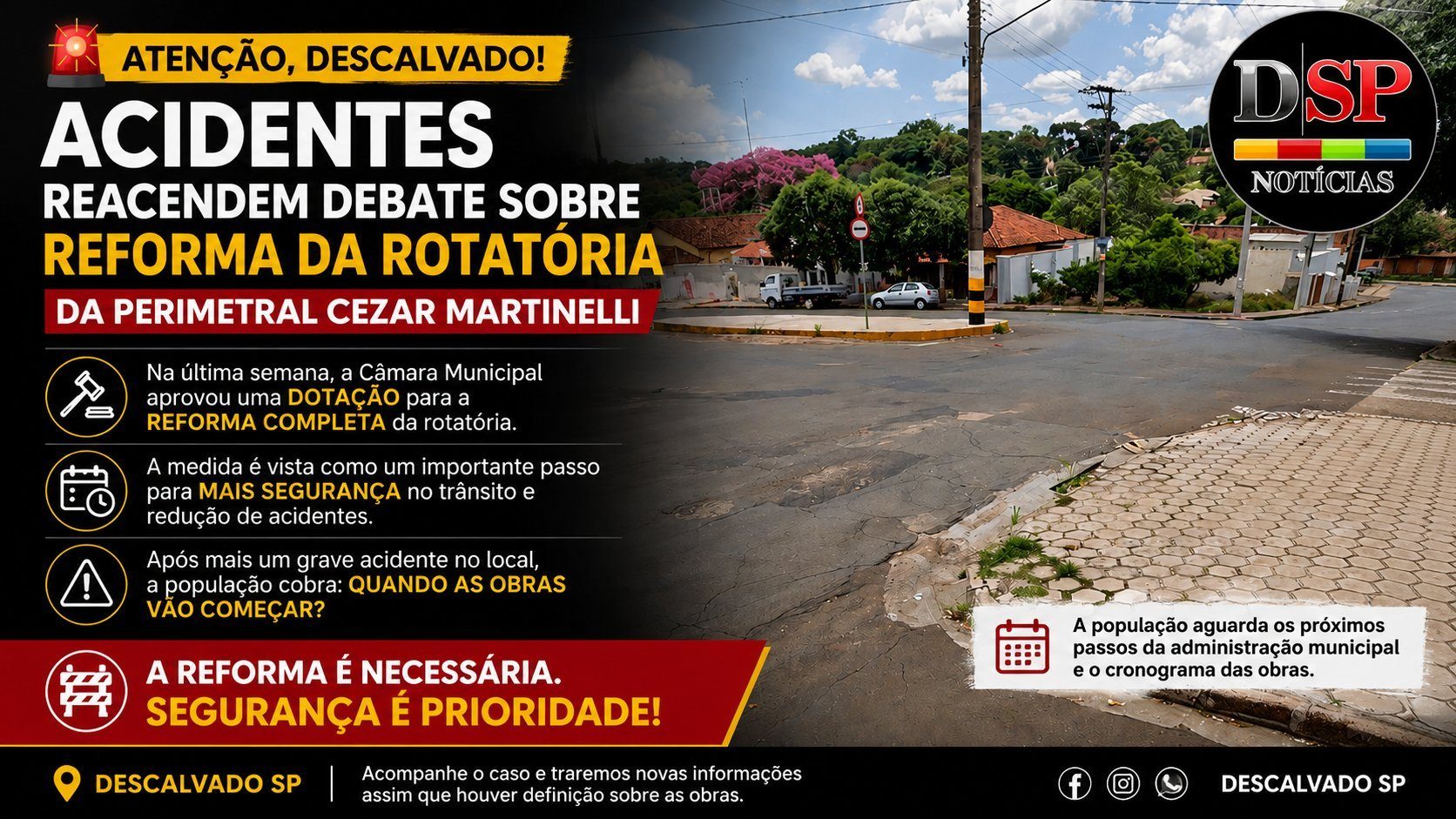 Acidentes reacendem debate sobre reforma da Rotatória da Perimetral Cezar Martinelli em Descalvado